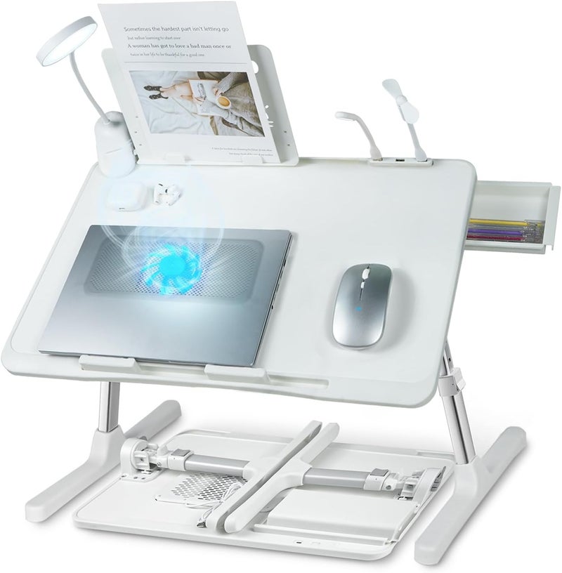 XTRA Laptop Lap Desk with Cooling Fan - Adjustable with Light, USB, Storage Drawer - Folding Bed Desk,23.62"*15.74",White - Image 1